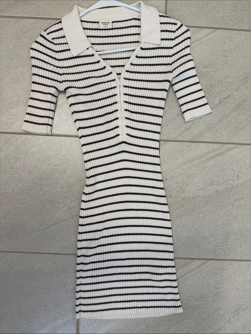 A&F Striped Rib-Knit Polo Dress in Cream and Brown